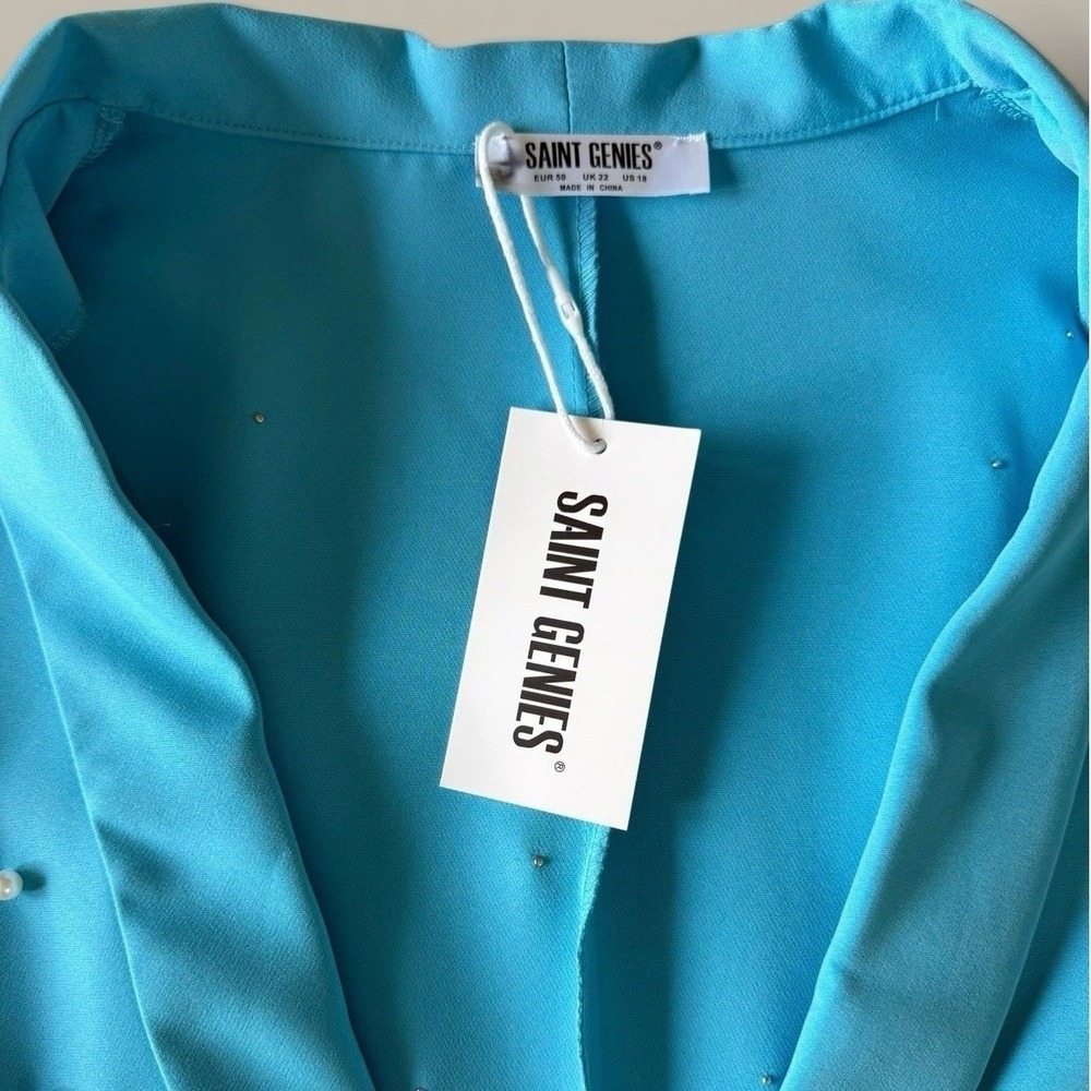 Saint Genies Pearl Embellished Tuxedo Blazer Dress 18 Turquoise Blue NWT Mini - Picture 2 of 4